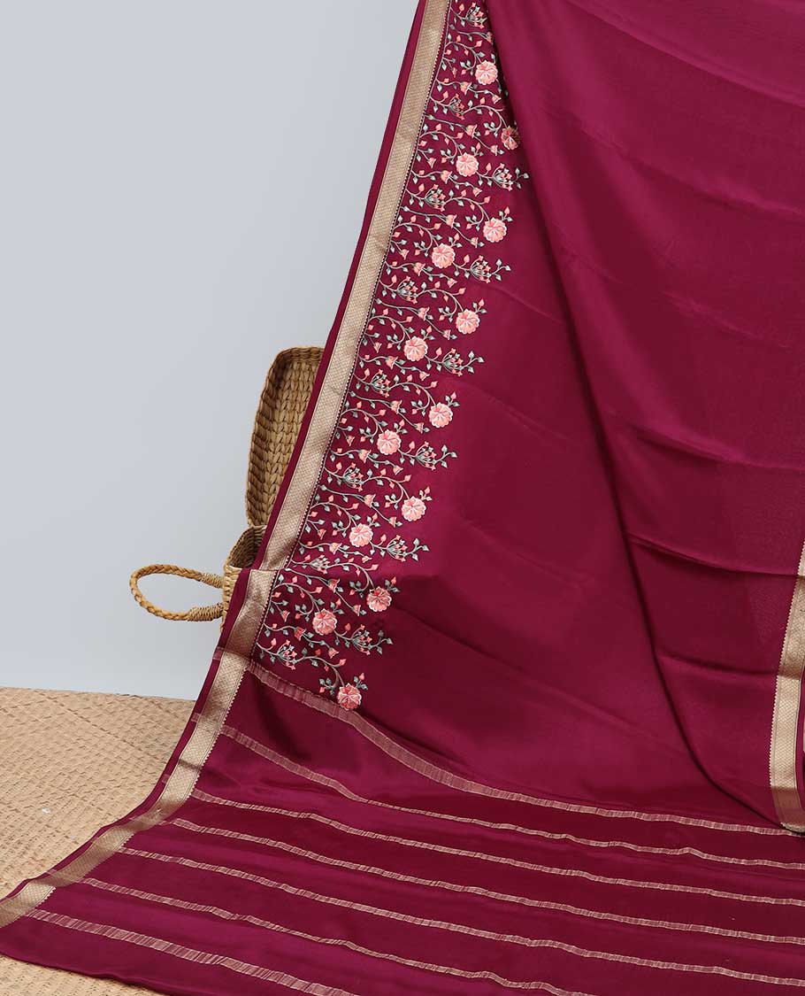 Marron floral motifs embroidery mysore silk saree with self zari border & striped pallu