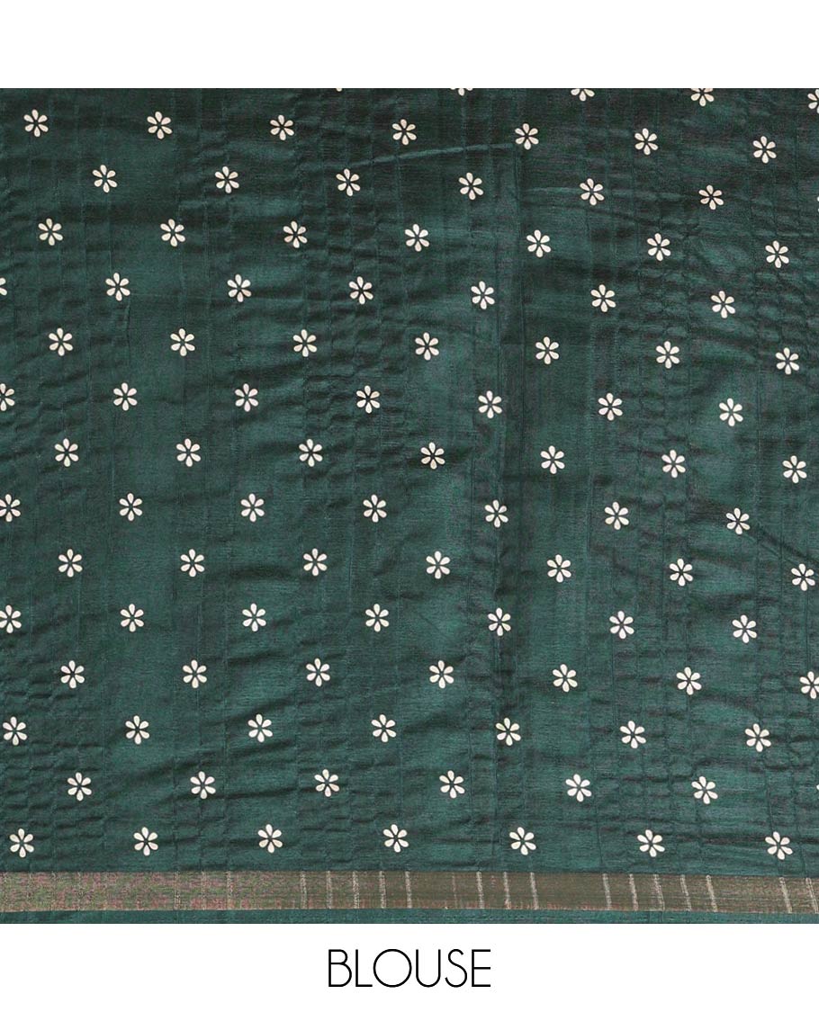 Green batik-style triangle motifs printed dola silk saree, batik temple motif printed piping zari border & batik geometric printed pallu