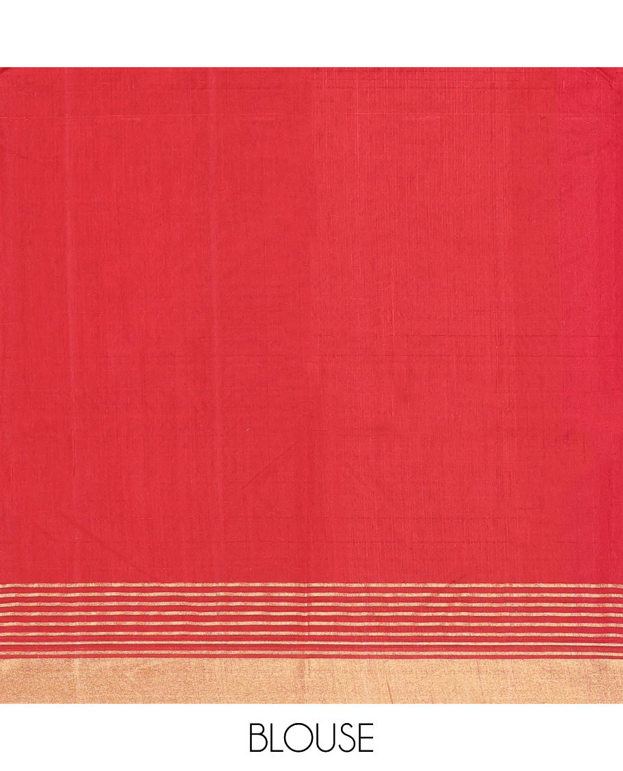 Red Chanderi Cotton Saree, Beautified with Floral Buttas All Over Its Body, Highlighted by a Zari Border, Pallu Steeped with Zari Stripes, and Paired with a Matching Blouse