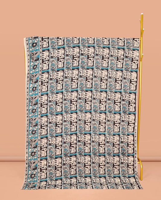 Black Machine-Printed Kalamkari Cotton Saree, Adorned with Elephant and Human Figurine Enclosed Checks on Its Body, Complemented by a Contrast Peacock Printed Border, Pallu of Radha Krishnan Motifs Print, and Paired with a Printed Blouse