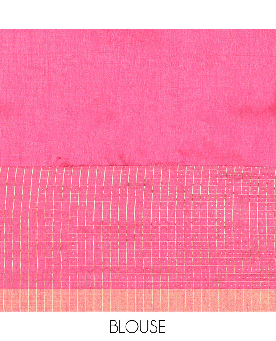Violet Semi-Raw Silk Saree, Delicately Woven with Zig-Zag Stripes All Over Its Body, Complemented by Contrast Border of Butta Enclosed Checks, Striped Pallu, and Paired with a Contrast Blouse