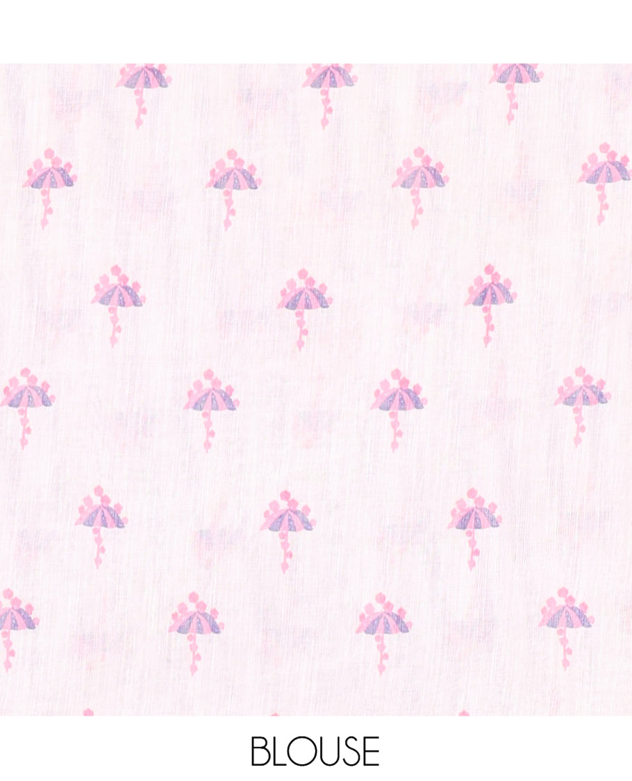 Borderless White-Violet Linen Cotton Saree, Adorned with Vertical Stripes, an Umbrella Print, and a Matching Blouse