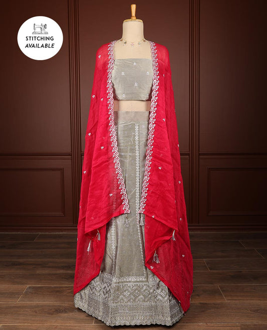 Mauve thread embroidery half saree with self border, thread embroidery blouse & floral embroidery scallop border dhavani