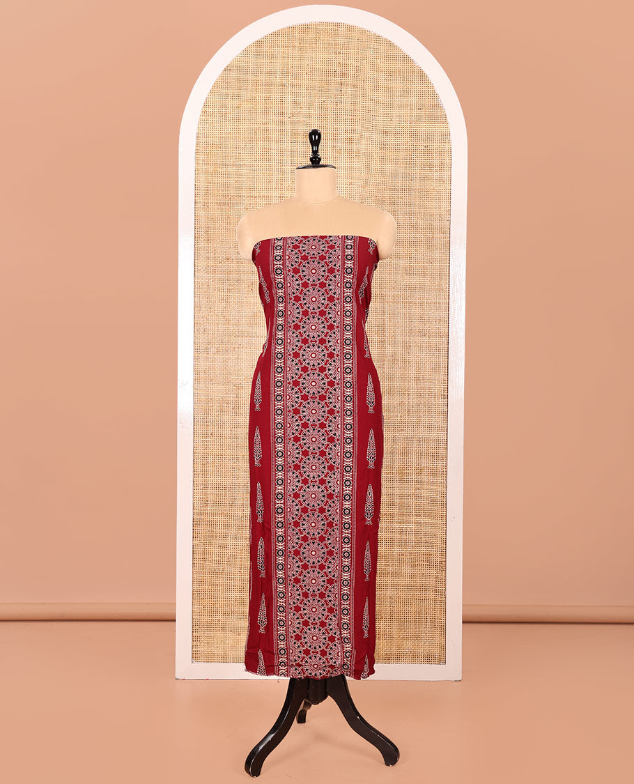 Maroon Rayon Material Chudidhar Set, Bedecked with Ajrakh-Style Floral Printed Top, Elegantly Printed Bottom, and Rayon Dupatta of Ajrakh-Style Floral and Tree Motifs Print