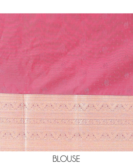 Pink Art Silk Material Half Saree Set, Dazzled with Zari Buttas on Its Skirt, Complemented by a Contrast Traditional Zari Design Border, Paired with a Contrast Blouse, and Intricately Designed Dhavani