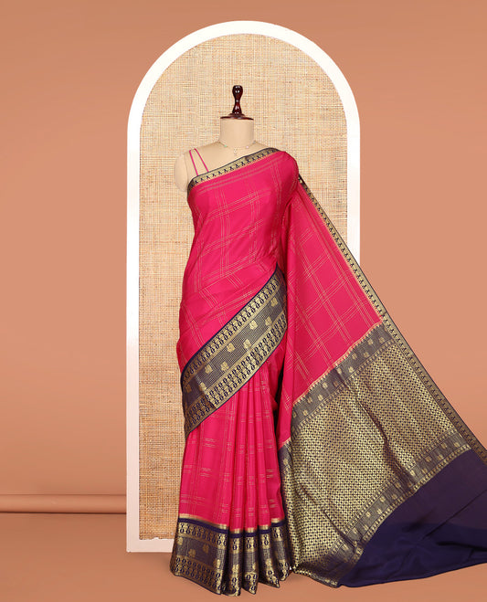 Pink Mysore Silk Saree Features Checkered Pattern, Contrast Traditional Zari Border, Rich Pallu, and a Contrast Blouse