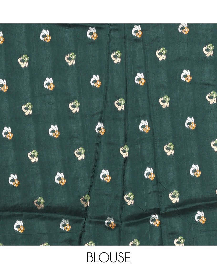 Wine Russian Silk Saree Adorned with Gold Zari Buttas and Deer Motifs, Featuring a Subtly Sparkling Traditional Zari Border, a Pallu with Zari Stripes, and a Contrast Blouse Woven with Peacock Meena Buttas