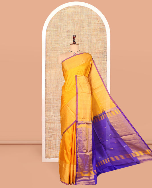 Yellow Uppada Silk Saree, Sparsely Woven with Buttas, Highlighted by a Zari Border, Contrast Zari Design Pallu, and a Contrast Blouse