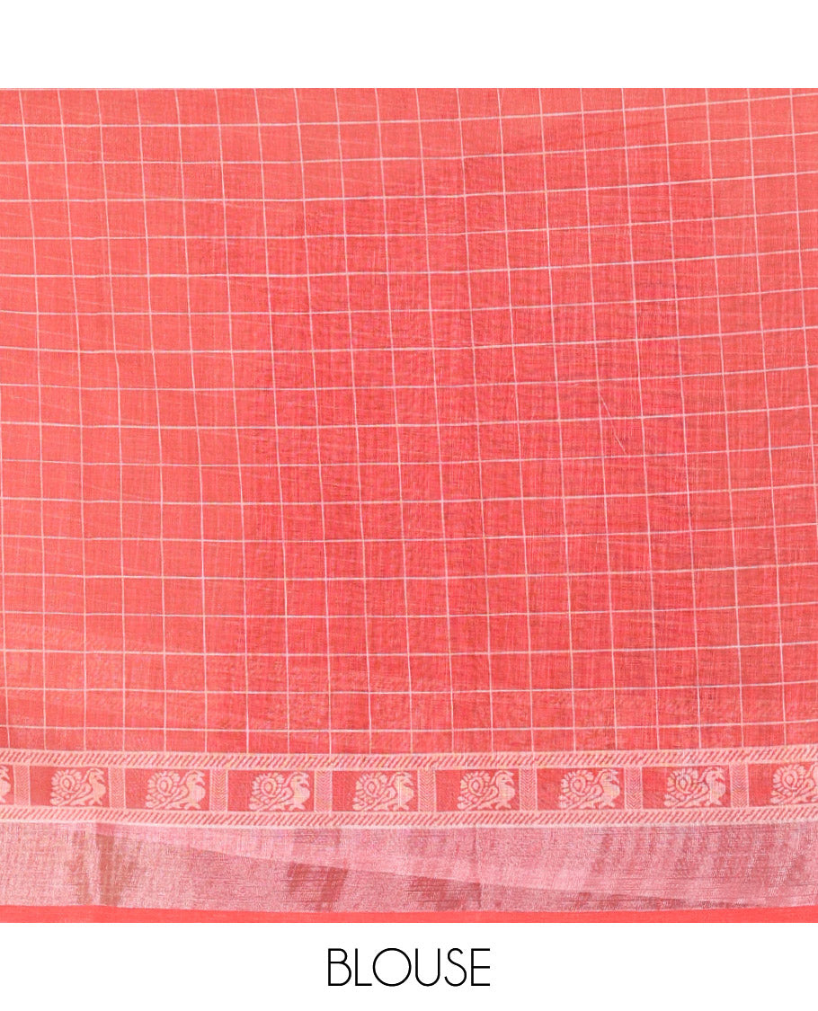 White and Red Linen Cotton Saree Featuring Field Maple Leaf Motifs Printed All Over the Body, Complemented by a Contrast Zari and Peacock-Printed Border, Pallu of Geometric Print, and Paired with a Contrast Checked Blouse