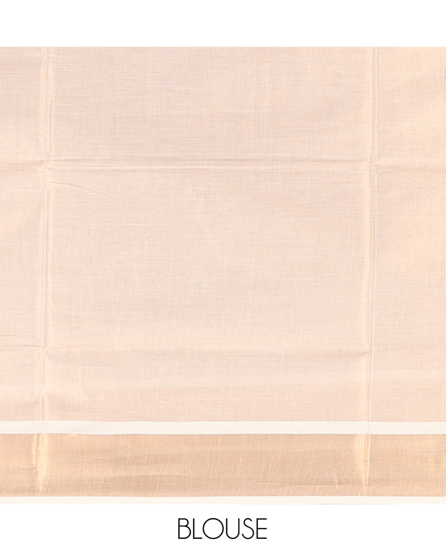 Cream Kerala Cotton Saree, Accentuated with Thread and Zari Buttas All Over Its Body, a Zari Bavanji Border, Pallu of Elephant Designs, and Paired with a Matching Blouse