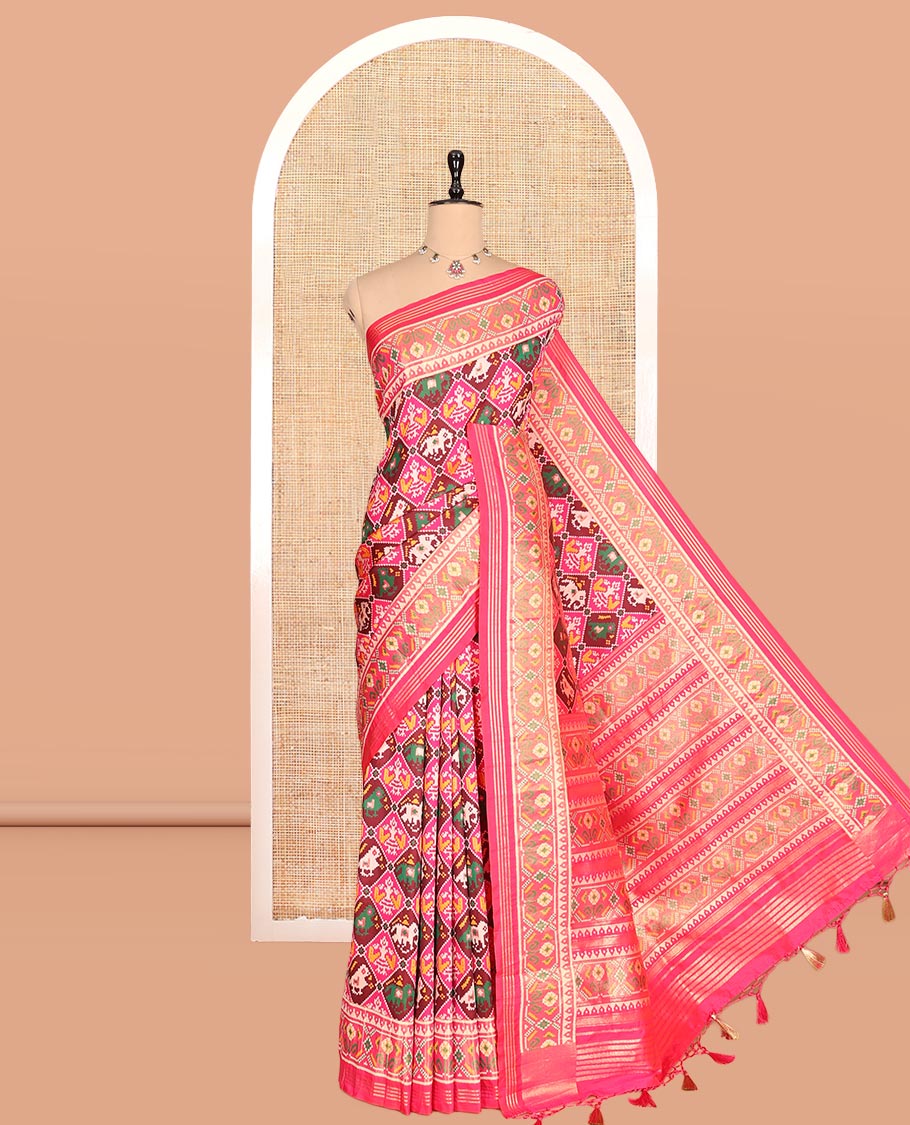 Pink Intricate Motif Semi-Patan Patola Saree, Patola Printed Tissue Border, and a Matching Blouse