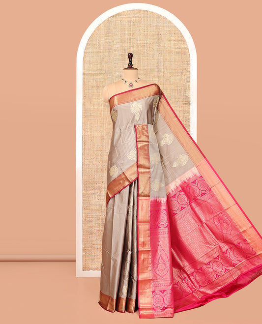 Grey Budget Silk Saree, Decorated with Zari Designs, Complemented by a Contrast Traditional Zari Border, Pallu of Intricate Designs, and a Contrast Blouse