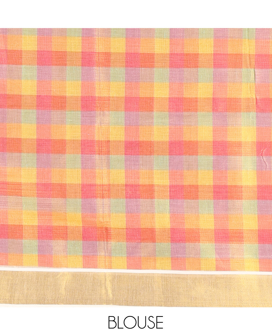 Gold-Pink Kerala Tissue Cotton Saree Features Madras Checked Buttas, a Zari Checked Border, and a Contrast Blouse