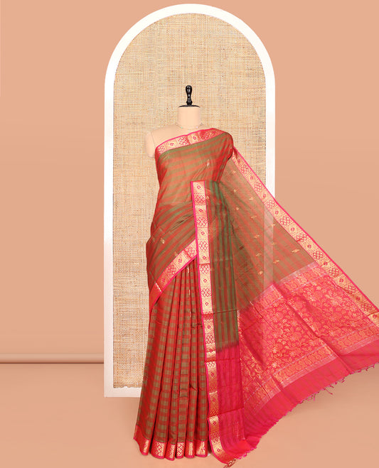 Red and Green Silk Cotton Saree, Ornamented with Stripes and Buttas, Complemented by Contrast Zari Border, Contrast Floral Vine Pallu, and a Contrast Blouse