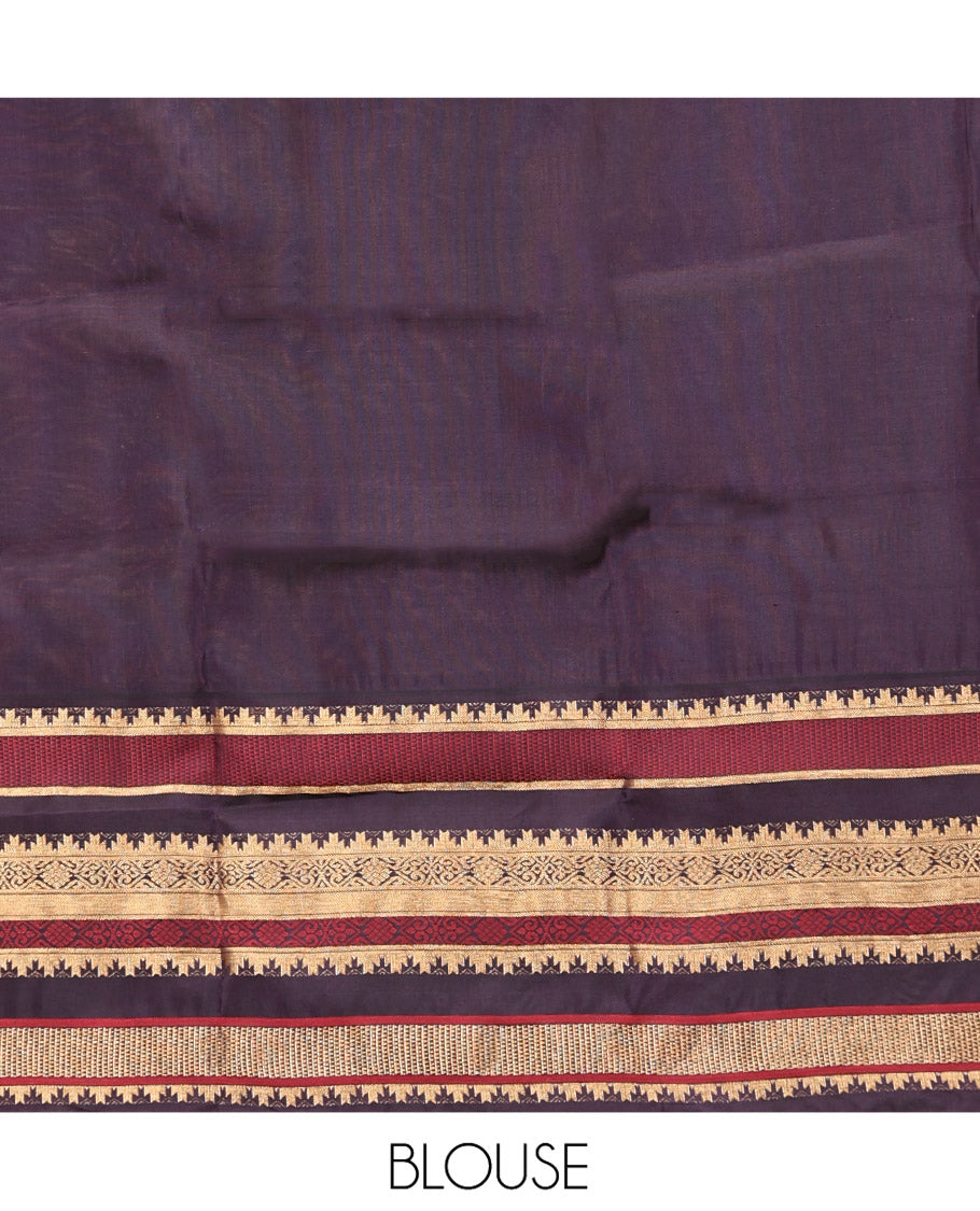 Baby Pink and Coffee Brown Vasundhara Lite Silk Mix Saree, Subtly Adorned with Buttas All Over Its Body, Complemented by Contrast Border of Thazampoo Rekku, Banaras, Jada Nagam, and Ara Maadam Designs, Grand Pallu, and Paired with a Contrast Blouse