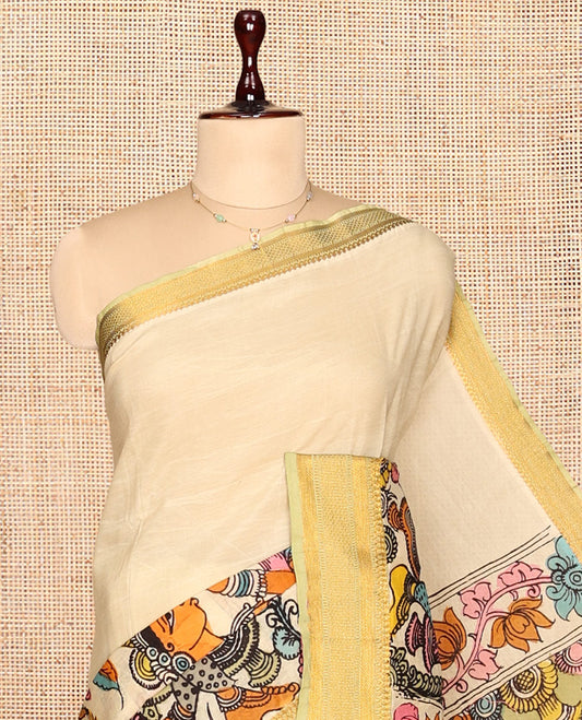 Cream Kalamkari Silk Saree, Beautifully Bedecked with Ancient Human Figurines, a Contrast Traditional Border, Pallu of Ancient Human Motifs, and a Contrast Blouse
