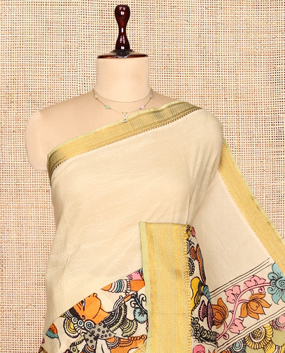 Cream Kalamkari Silk Saree, Beautifully Bedecked with Ancient Human Figurines, a Contrast Traditional Border, Pallu of Ancient Human Motifs, and a Contrast Blouse