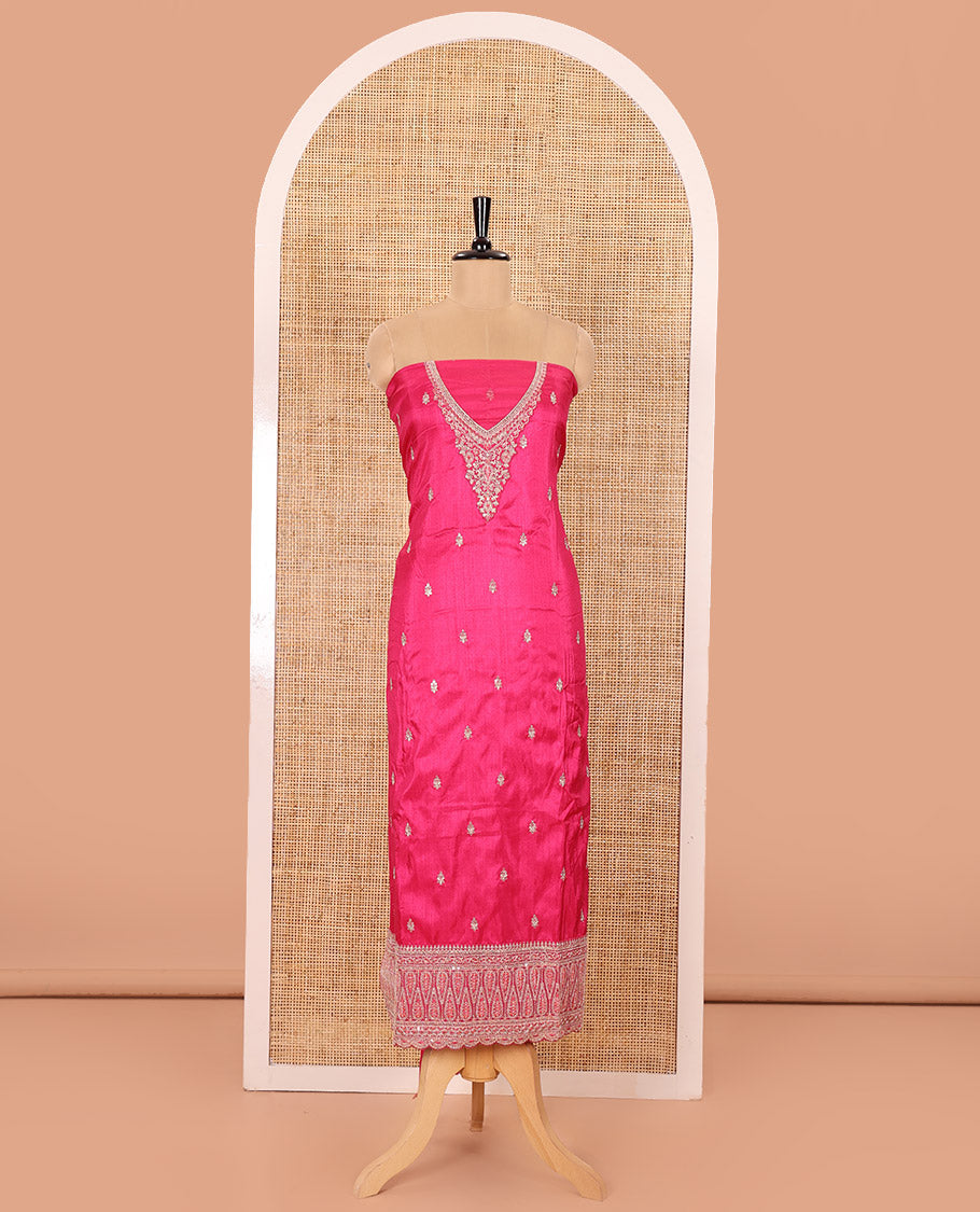 Rani Pink Material Chudidar Set Decked Up with Intricately Embroidered Muga Silk Top, Subtly Made Plain Santoon Bottom, and a Bemberg Chiffon Dupatta Featuring Floral Printed, and Embroidery