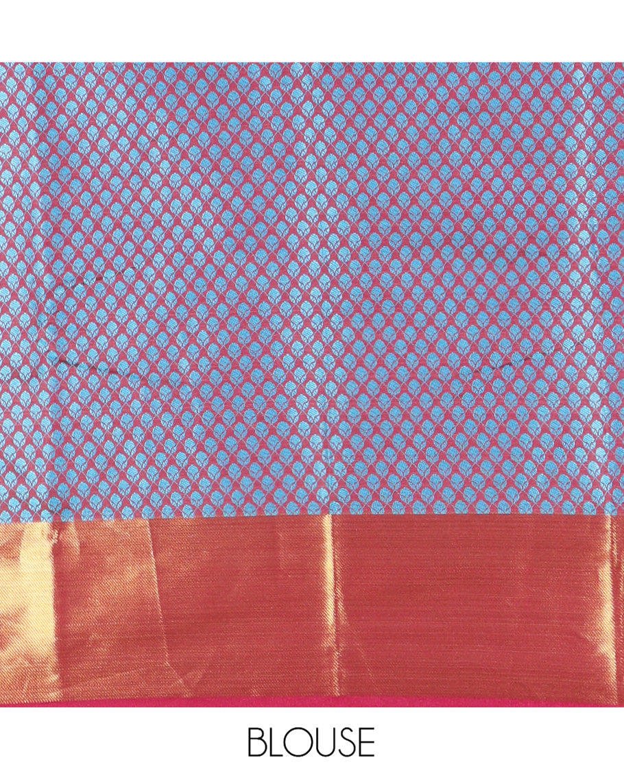 Parrot Green Semi-Organza Saree Features Pochampally Ikat Chevron Stripes, a Contrast Border, Paisley Pallu, and Contrast Blouse
