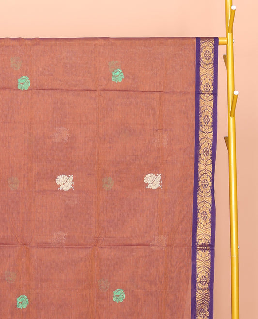 Peach Venkatagiri Cotton Saree, Woven with Buttas, a Contrast Floral Zari Border, Pallu of Buttas and Stripes, and No Blouse
