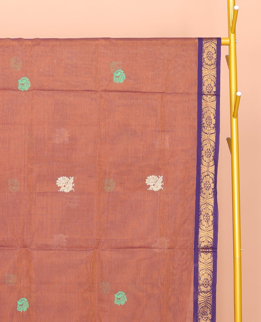 Peach Venkatagiri Cotton Saree, Woven with Buttas, a Contrast Floral Zari Border, Pallu of Buttas and Stripes, and No Blouse