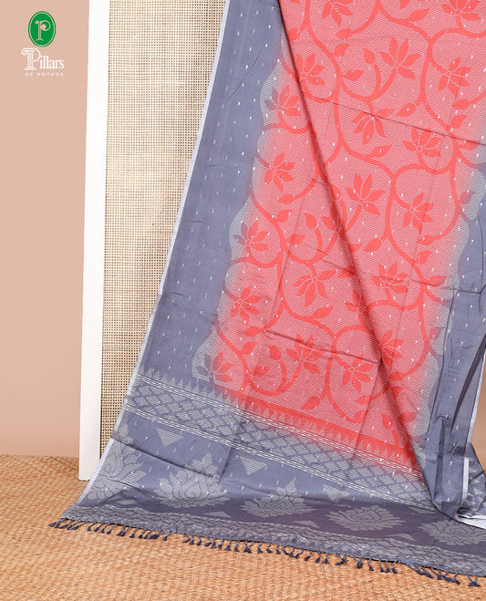 Pink with grey silver zari butta design dola silk saree with contrast border & contrast pallu along with printed blouse