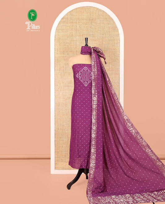 Dark Purple Mul Chanderi Material Chudidar Set, Subtly Printed with Bandhani-Style Printed Top, a Plain Santoon Bottom, and Paired with a Matching Mul Chanderi Bandhani-Dotted and Zari-Woven Dupatta