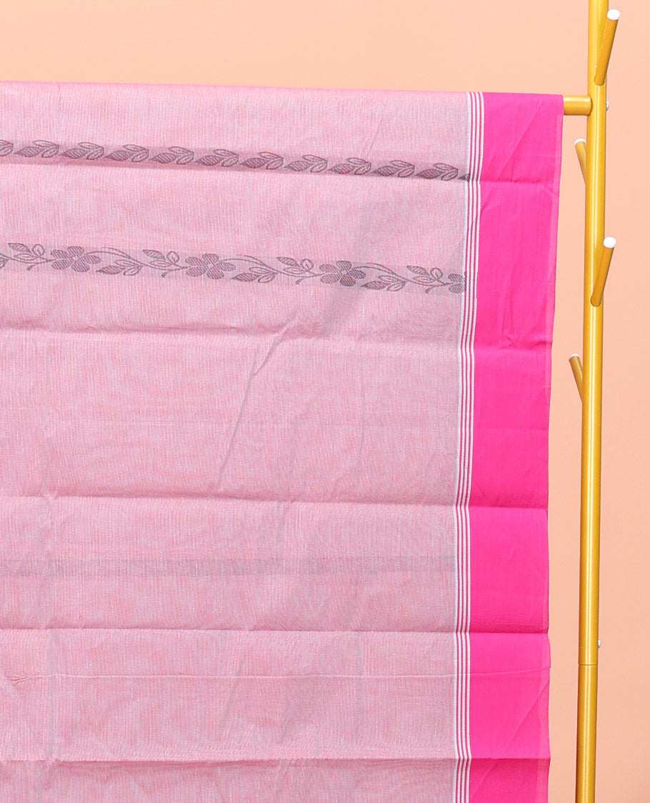 Pale Pink Kanchi Cotton Saree, Adorned with Floral Creeper Design All Over Its Body, a Complemented by Contrast Border, Pallu of Paisley Designs, and Paired with a Matching Blouse