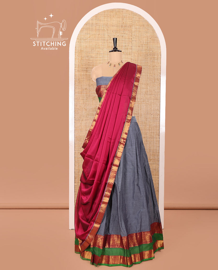 Dark Grey and Pink Chettinad Cotton Half-Saree Featuring Plain Skirt, Adorned with a Contrast Traditional Zari Design Rettai Pettu Border of Peacock Designs, Paired with a Matching Blouse, and Contrast Satin Georgette Dhavani with Zari Border