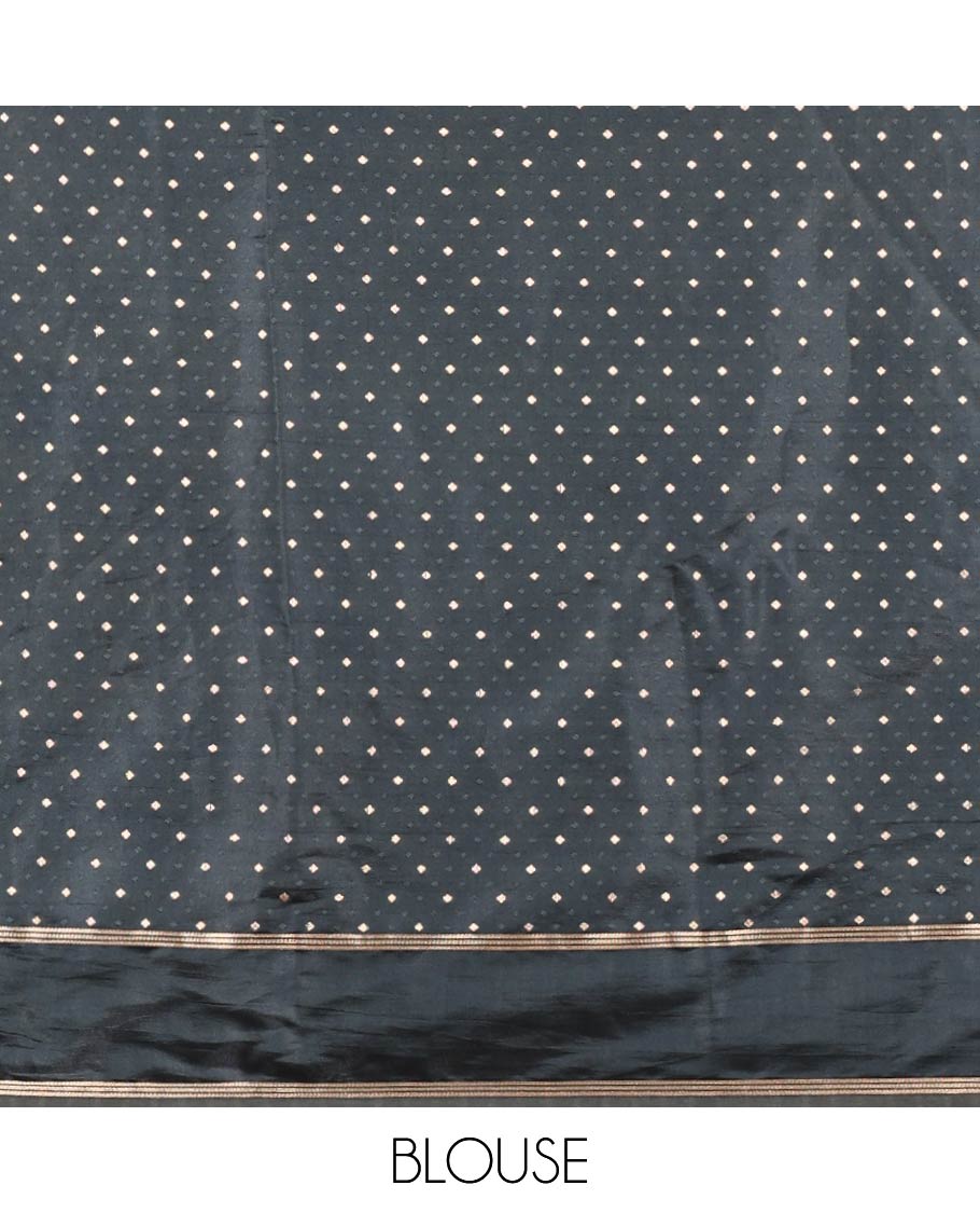 Black Semi-Banaras Satin Silk Saree, Decked Up with Zari Buttas All Over Its Body, Highlighted by Zari Striped Border, Grand Jaal Pallu, and Paired with a Matching Blouse