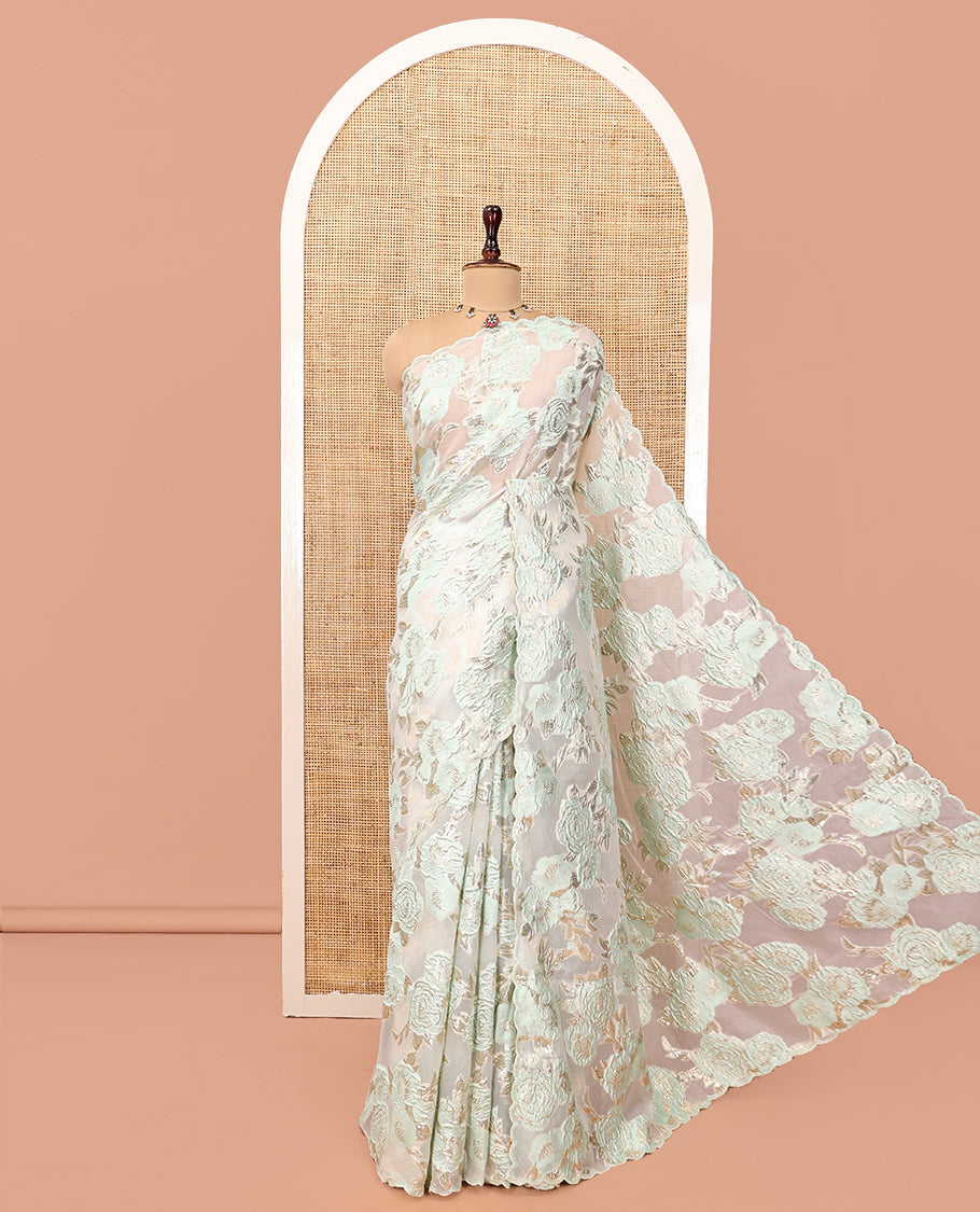 Sea Green Turkey Organza Saree Features Floral Gold-Glitter work, Scallop Border, Embroidered Blouse