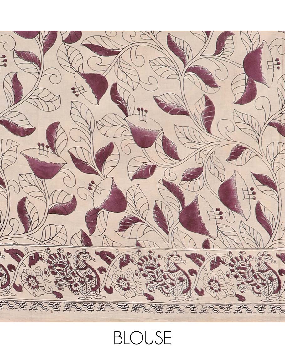 Green floral vine design machine printed kalamkari cotton saree with contrast floral border & pichwai design pallu
