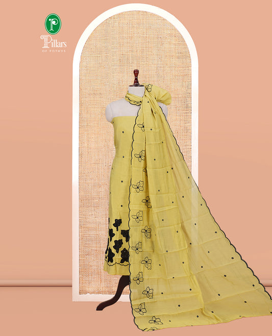 Lemon Yellow Mul Chanderi Material Churidar Features Floral Thread Embroidered Top, a Matching Bottom, and an Scallop Embroidered Dupatta