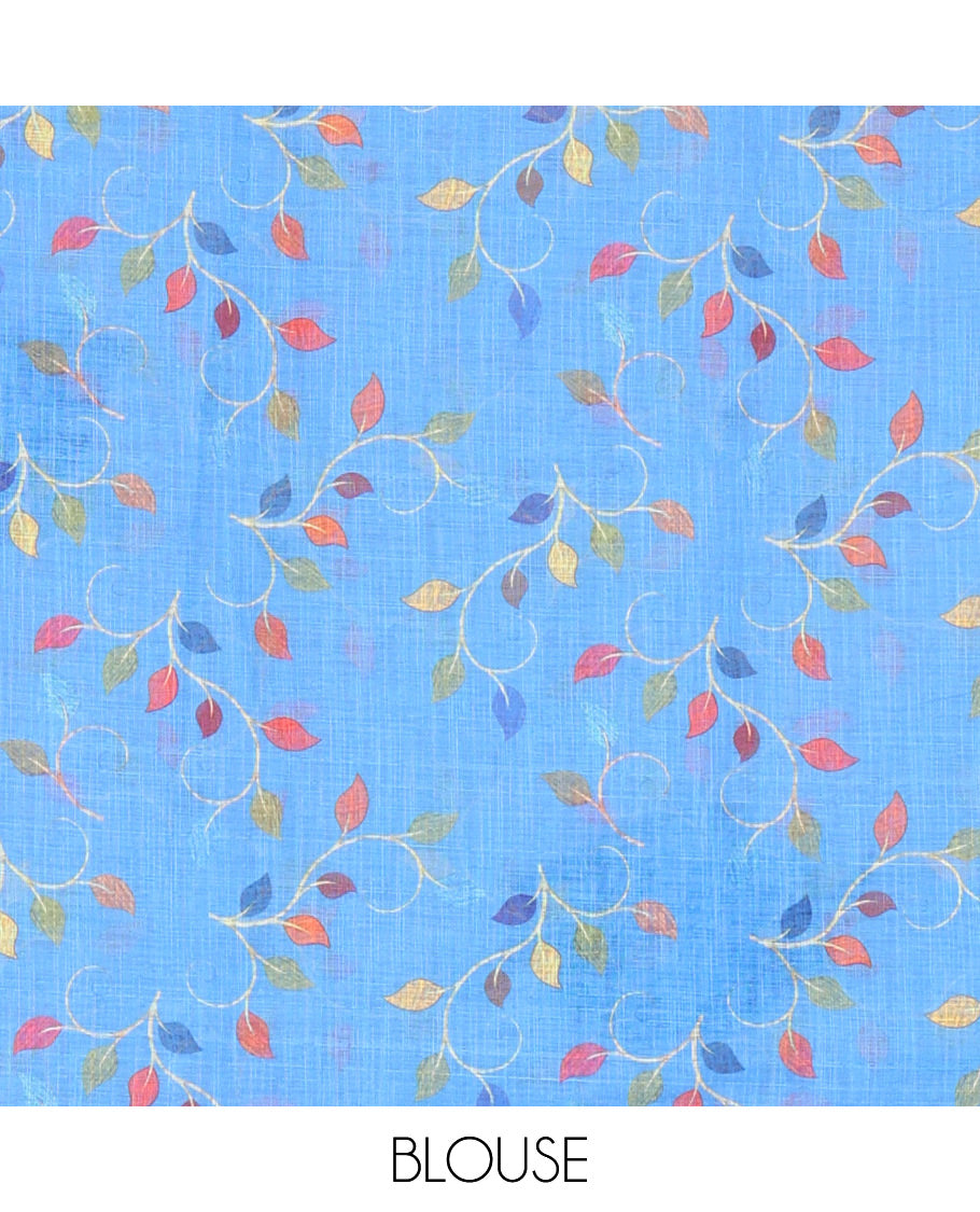 Chikku colur birds motifs linen cotton saree with contrast plain border , birds mofits pallu and leaf printed blouse