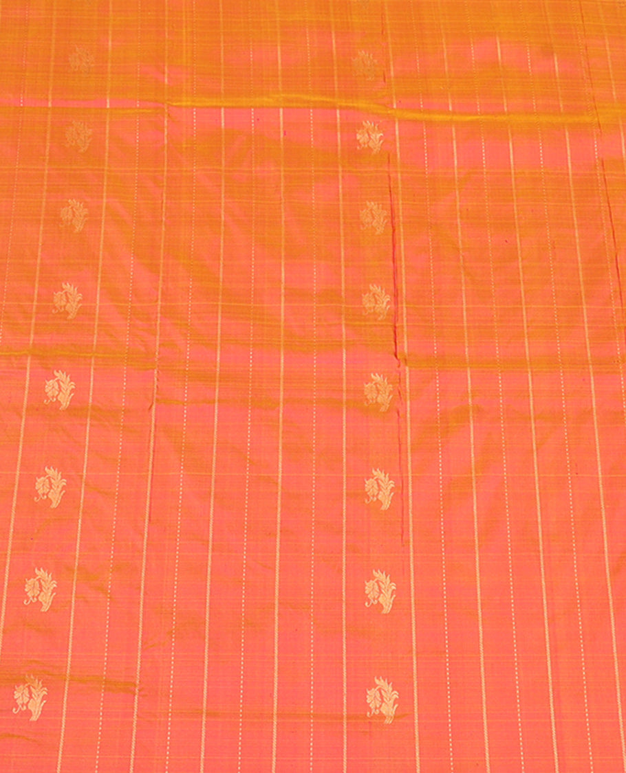 Orange Pure Silk Pavadai Material, Bedecked with Zari Buttas and Stripes on Its Skirt, a Contrast Traditional Zari Border, and a Contrast Blouse