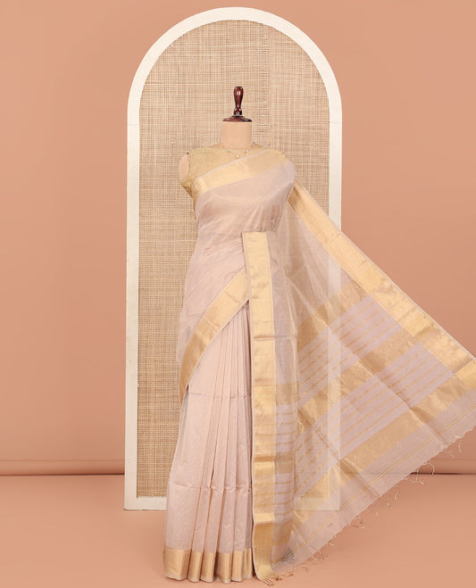 Light Sandal Maheshwari Cotton Saree, Sparsely Woven with Stripes All Over Its Body, Highlighted by Zari Bavanji Border, Pallu Steeped with Zari Stripes, and Paired with a Matching Blouse