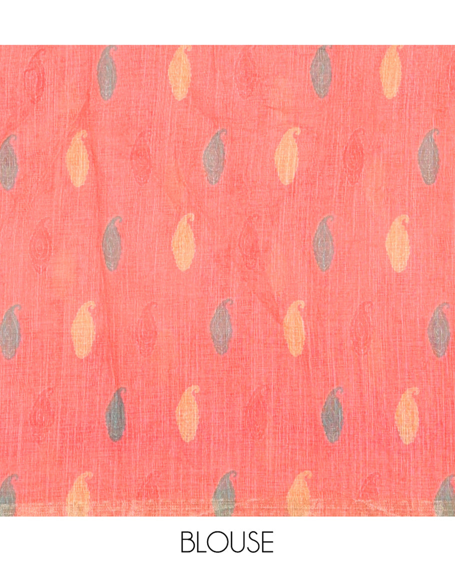 Tomato Pink Linen Cotton Saree Features Floral Vine Print, a Contrast Border, Paisley-Printed Pallu, and a Contrast Blouse