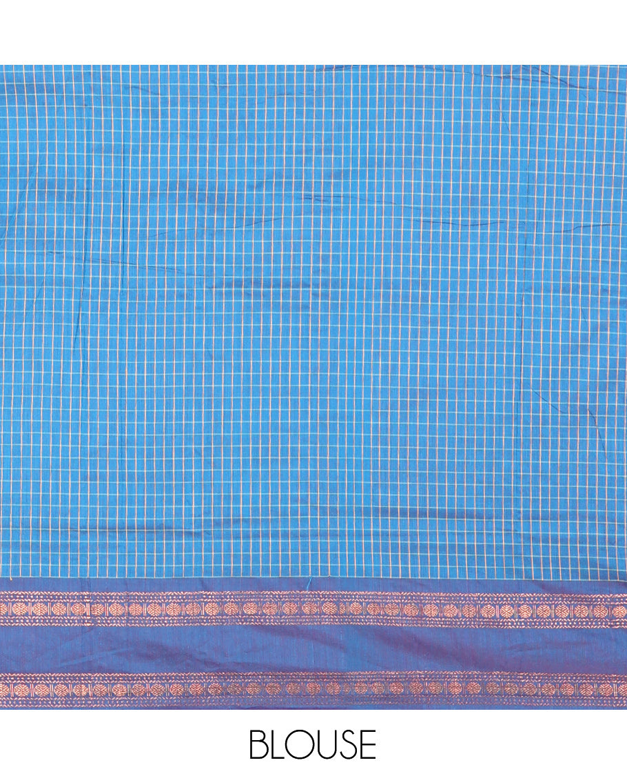 Blue Checked Kalyani Cotton Saree, Contrast Rettai Pettu Rudraksham Border and a Matching Blouse
