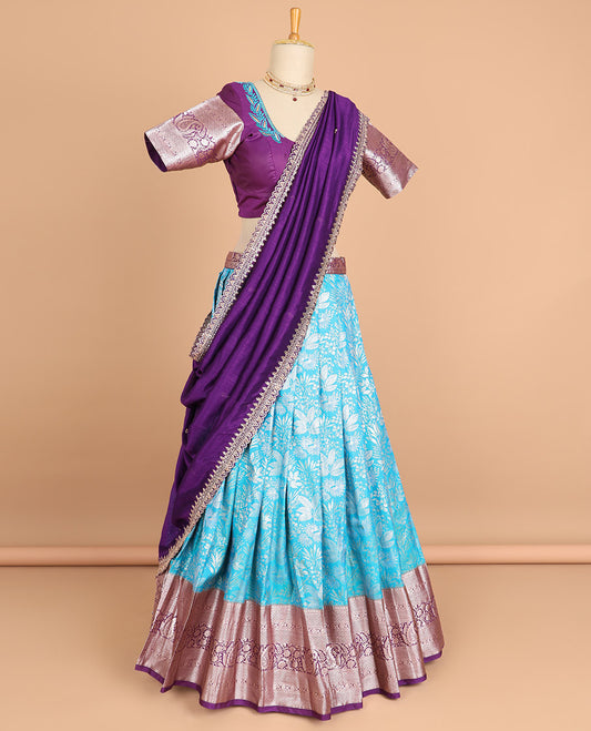 Blue jacquard art silk half saree with contrast zari design border , floral stone embroidery blouse & floral stone embroidered scallop border