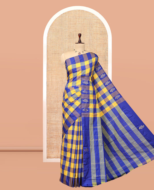 Borderless Multi-Color Checked Arani Saree Features Zari Buttas, a Pallu of Zari Stripes, and a Matching Blouse