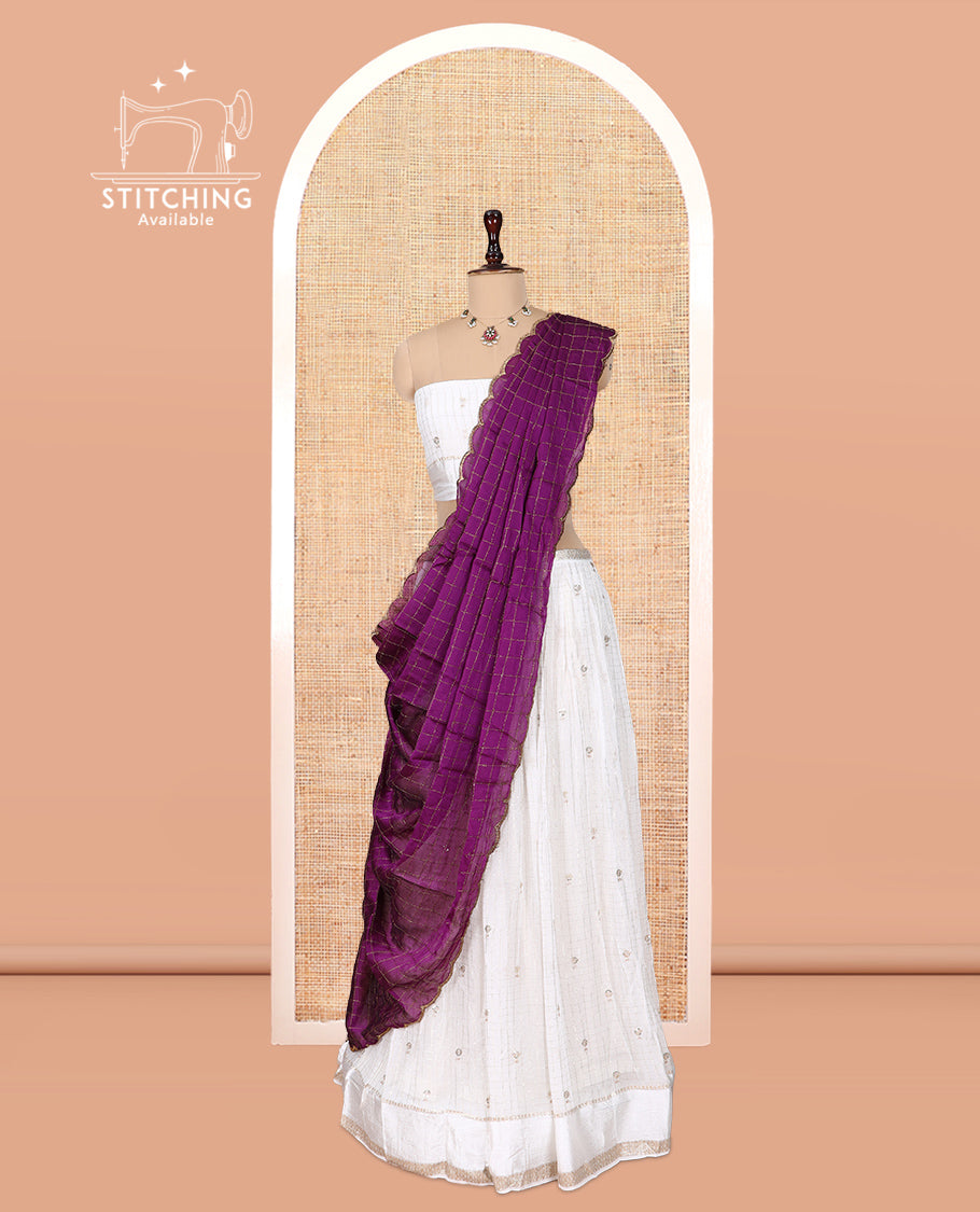 Cream-Dark Magenta Viscose Georgette Half-saree, Buttas Skirt, Matching Blouse, Contrast Checked Dhavani