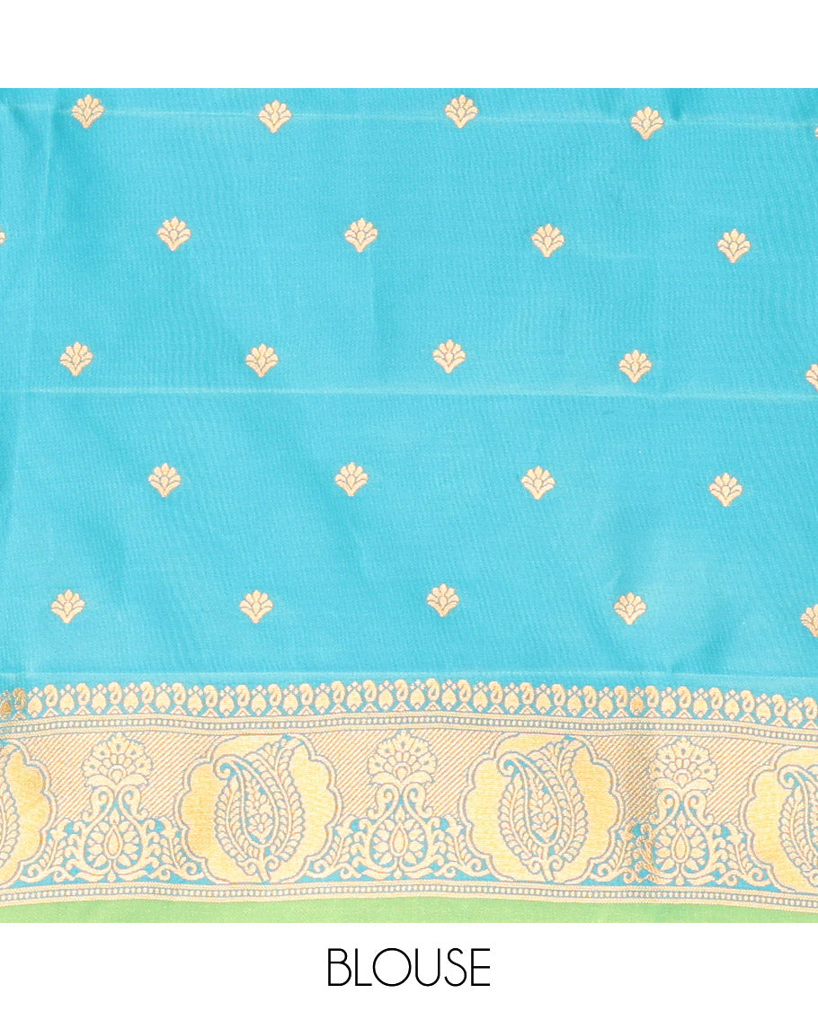 Parrot Green Kanchi Soft Silk Saree, Majestically Detailed with Vaira Oosi, and Zari Buttas All Over Its Body, Complemented by Contrast Border of Paisleys, an Intricately Designed Pallu, and Paired with a Contrast Blouse