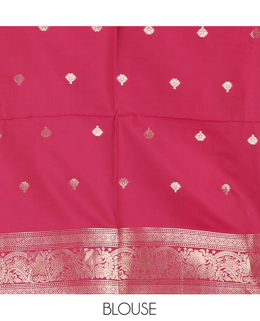 Grey Fancy Soft Silk Saree, Embellished with Zari Butta Enclosed Checks, Complemented by Contrast Zari Border, Grand Pallu, and a Contrast Blouse