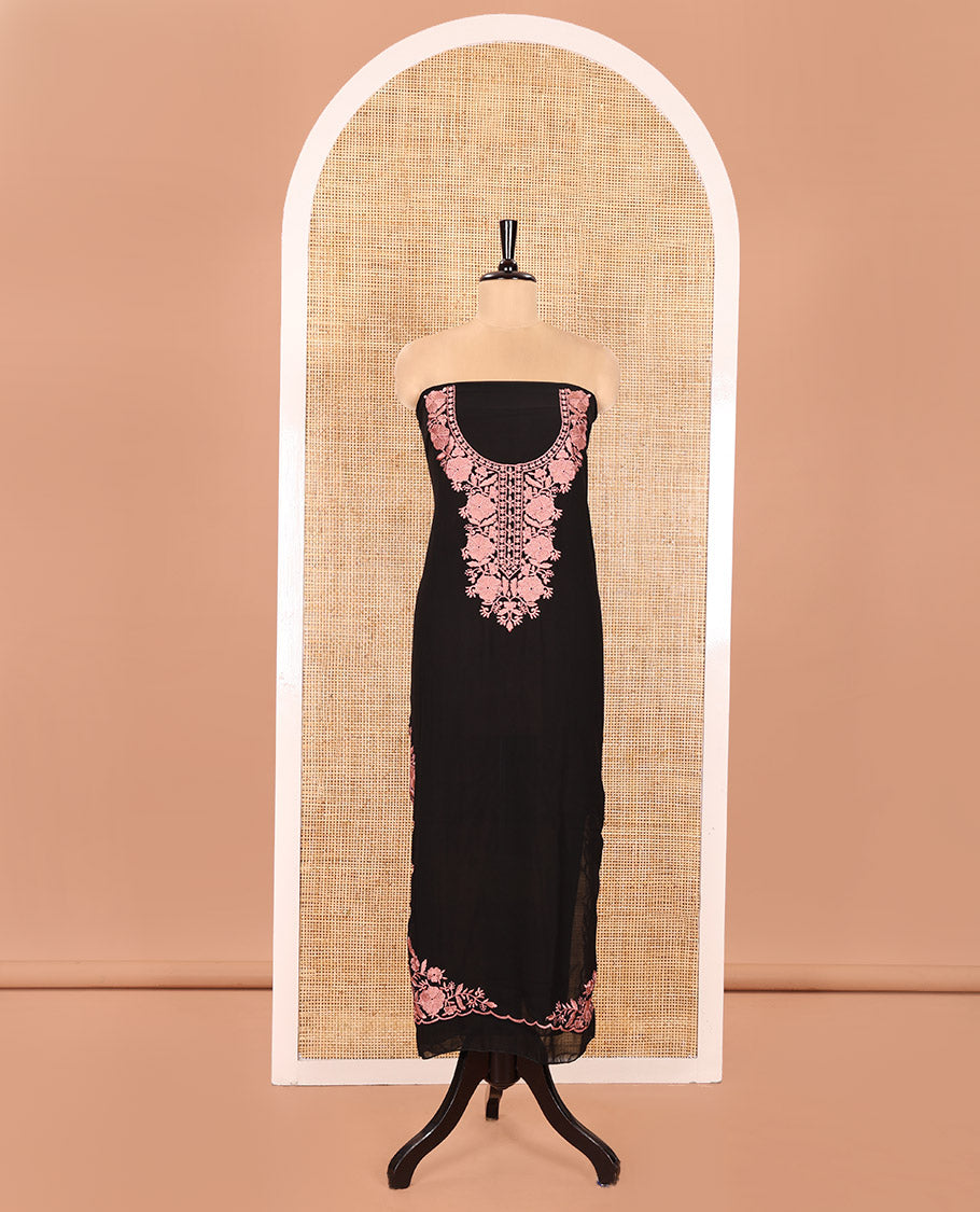Black and Pink Material Chudidhar Set, Elevated with Floral Thread Embroidered Fox Georgette Top, Plain Santoon Bottom, and Fox Georgette Scallop Dupatta with Floral Thread Embroidery