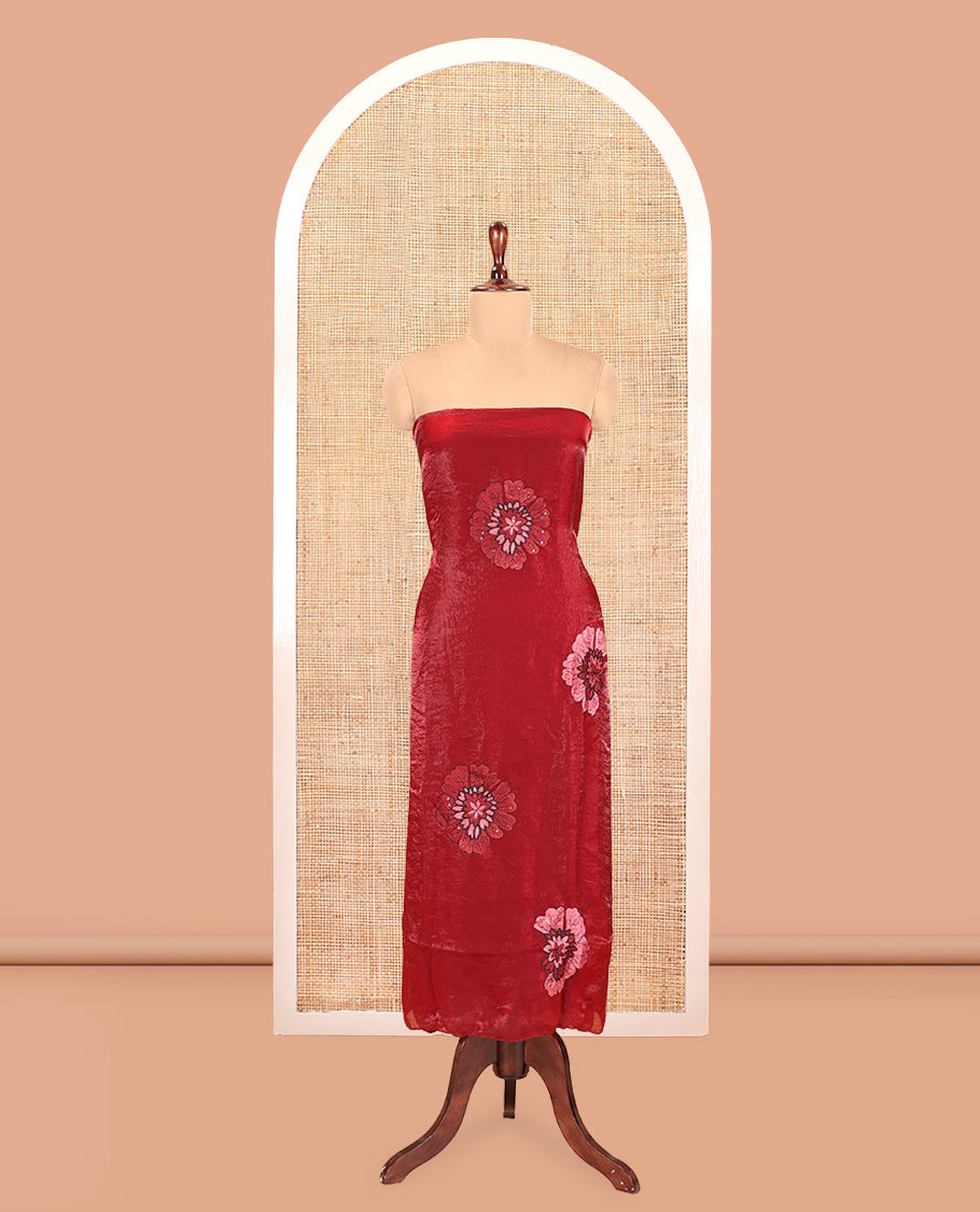 RedsMaroon Velvet Organza Designer Material Chudidar, Floral Embroidery Top, Plain Bottom, Rose Printed Dupatta