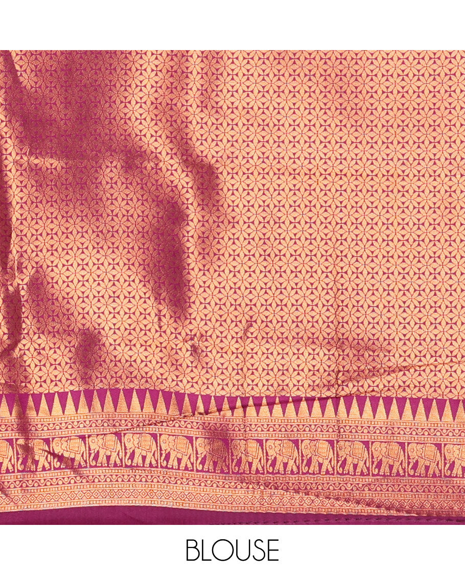 Peacock green checked design litchi saree, contrast temple elephant motifs border, geometric patterned pallu, and a contrast jacquard blouse