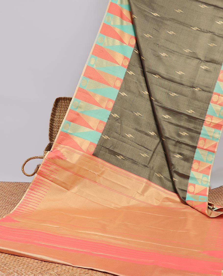 Bottle green geometric motifs semi banaras tissue saree with contrast geometric design border & bhavanji pallu