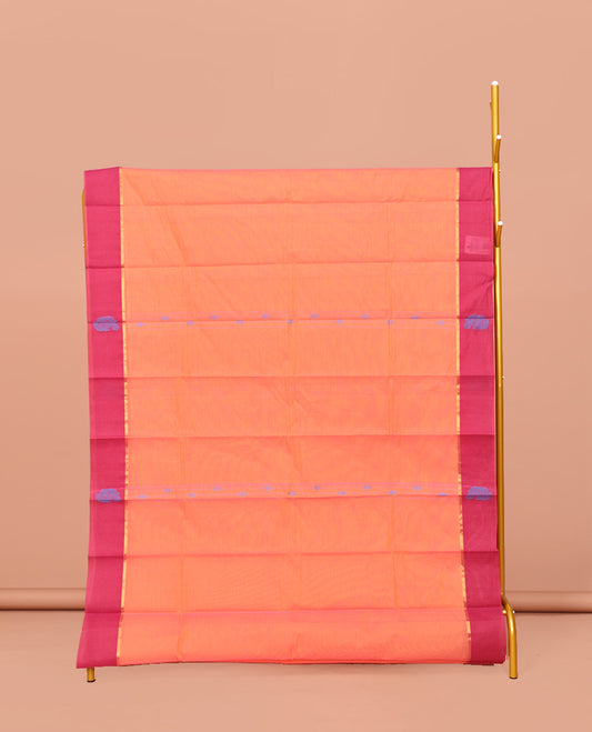 Orange Kanchi Cotton Saree, Woven with Buttas All Over Its Body, Complemented by Contrast Border, Delicately Woven Pallu, and Paired with Matching Blouse