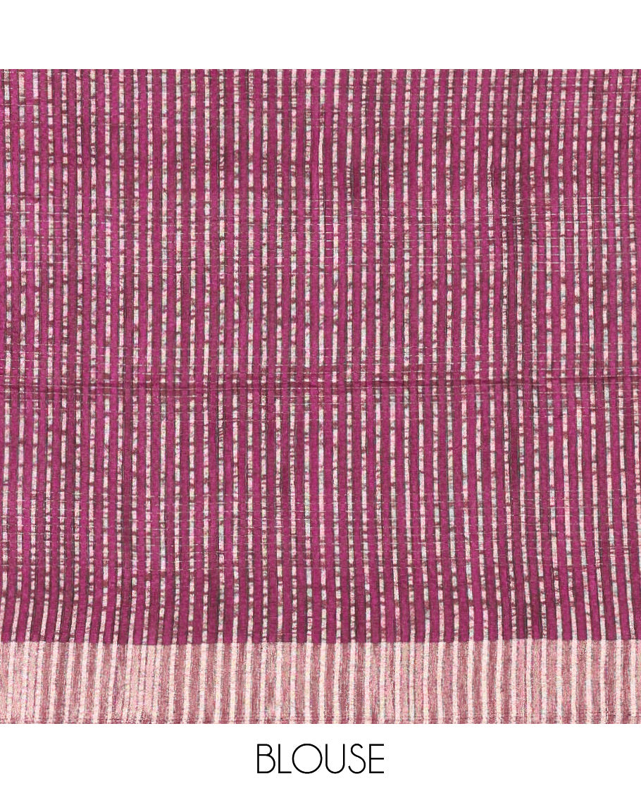 Purple horizontal striped fancy tussar silk saree, bavanji border, self-pallu, and a matching striped blouse