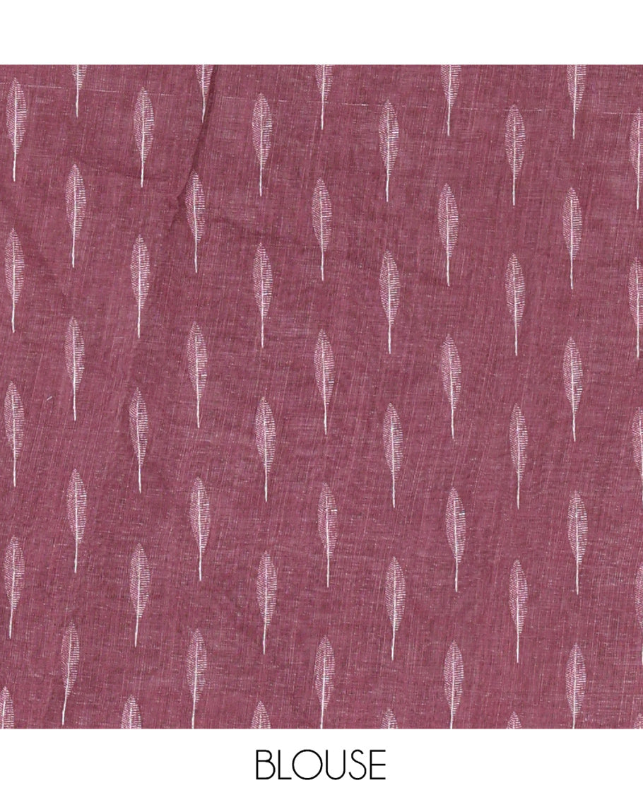 Wine Linen Cotton Saree Features Tree Print, a Zari Piping Border, and a Matching Blouse